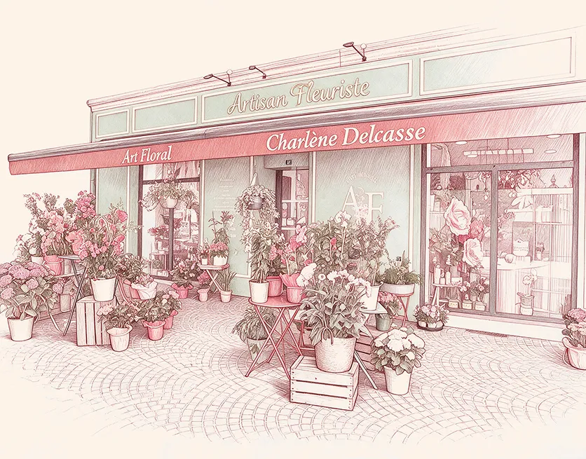 La boutique Art Floral La Suite de Valence-d’Agen dessinée au trait rose