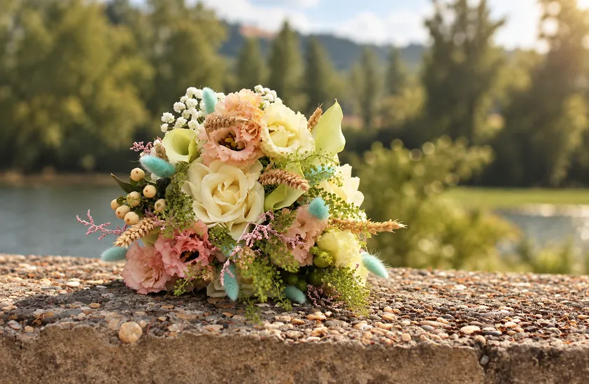 Composition de roses et de feuillages pastel posée sur un muret de pierre