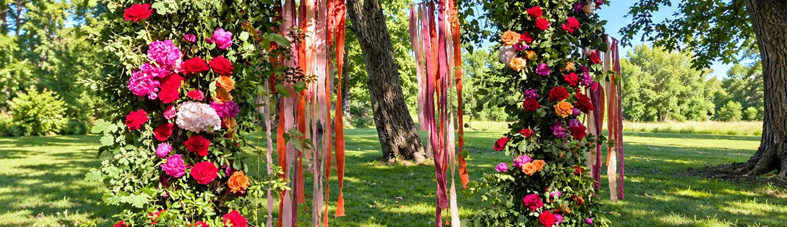Compositions florales et rubans colorés suspendus entre les arbres d’un parc