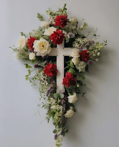Croix fleurie de roses blanches et de fleurs rouges
